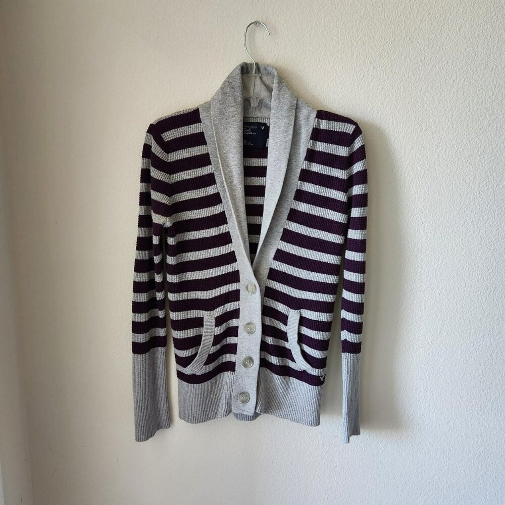 American Eagle grey and purple striped cardigan Sz M/L Y2k Vintage Preppy Indie